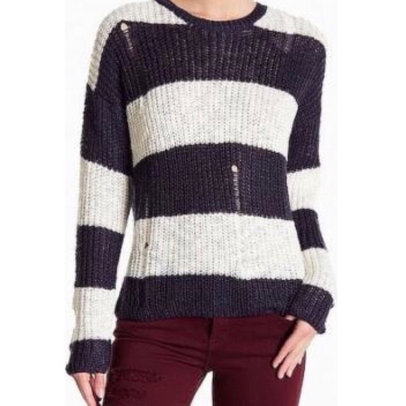 NWT Cotton Emporium Distressed Striped Sweater - Picture 1 of 5